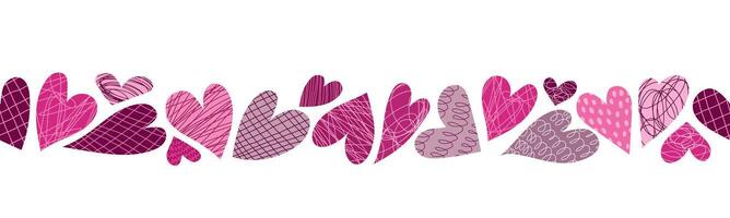 Different textured hearts seamless border isolated on white background. Header for letters, websites, mailing lists. Stylish Hearts for Valentines day holiday. Hand drawn doodle hearts vector