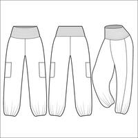 Men's jogger bottom flat sketch illustration front and back view technical cad drawing template vector