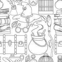Coloring book. Seamless pattern with magic items. Witchcraft, school of wizards. vector