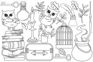 Coloring book. Set of magical, witchcraft things. School of wizards, witchcraft and magic. vector