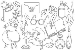 Coloring. Set of magical, witchcraft things. School of wizards, witchcraft and magic. vector