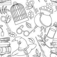 Coloring page. Seamless pattern with magic items. Witchcraft, school of wizards. vector