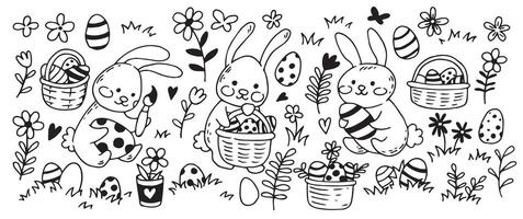 Easter set with eggs, bunny and flowers. simple illustration in doodle style, coloring book vector