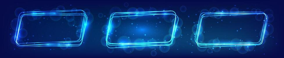 Neon rounded parallelogram frame with shining effects and sparkles vector
