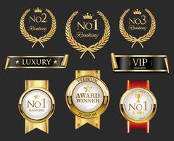 Golden label frame collection with laurel wreath and ribbon vector