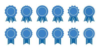 Medal set with ribbon. Blue ribbon and banner. Achievement label. Winner Prize. Set of premium quality and guarantee labels vector