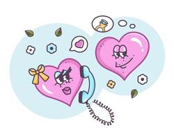 Valentine characters talking. Valentines love. Romantic message to each other. Flirting couple. Hand drawn outline template in Retro style. Funny Groovy hearts in cartoon style. illustration vector