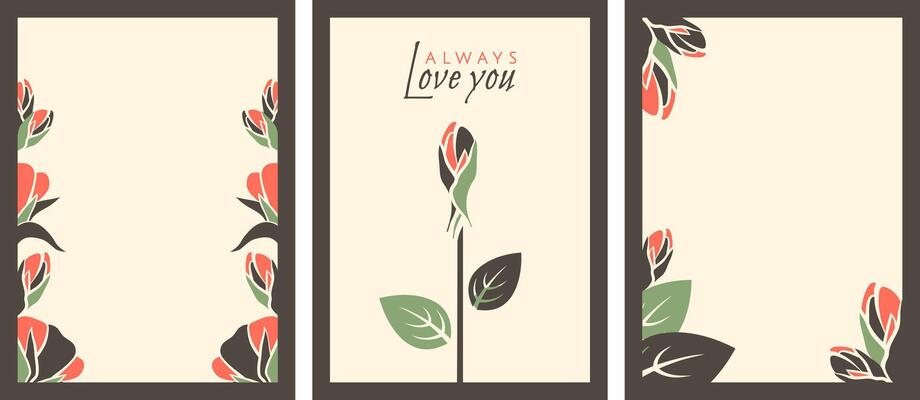 Set of retro posters for 14 February holiday. Valentines day cards. Romantic background with message of love. Valentine flyer with rosebud, love text. flat illustration