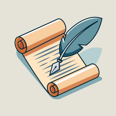 Parchment And Feather Pen Icon Illustration. Feather Pen Writting On Paper. Tool Icon Concept White Isolated. Flat Cartoon Style