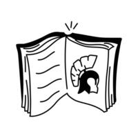 A stylized, black and white line drawing of an open book vector