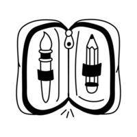 Illustration of a pencil case open to show a paintbrush and pencil inside vector