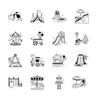 This set of hand drawn icons depicts various fun park rides and attractions, creating a playful and inviting atmosphere vector