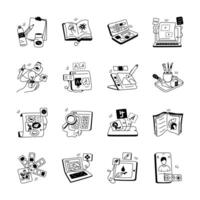 A collection of hand drawn icons representing various creative design tools and processes vector