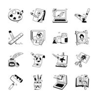 Hand drawn icons depicting various art and design tools and processes vector