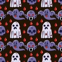 Seamless pattern of vampires, ghosts and skulls. Scene is dark and creepy vector