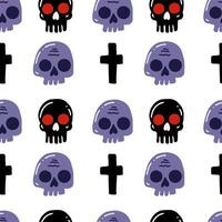 Seamless pattern of skulls and crosses with a purple skull in the middle vector