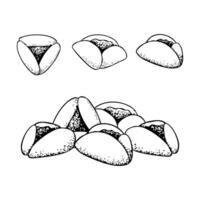 Purim cookies black and white illustration. Traditional Jewish triangle pastry Oznei Haman or Hamantaschen set in simple line style for coloring and holiday designs vector