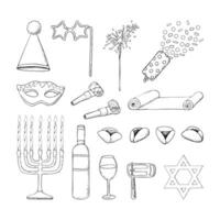 Large Purim symbols elements set in black and white. Jewish holiday bundle in line ink style for coloring and festive packaging with for mask, raashan, menorah, cookies and Torah scroll vector