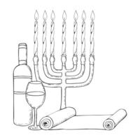 Simple line Jewish menorah candlestick with open paper scroll and wine bottle with glass ink illustration for coloring. Purim or Shabbat greeting composition for holiday with Torah vector