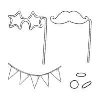 Simple party accessories black and white illustration. Photo booth stars and mustache, round confetti and triangle flags line ink drawing. Holiday and celebration decorations set vector