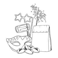 Happy Purim Mishloah manot, food basket and symbols black and white illustration with hamantaschen cookies, raashan, masks and sparklers. Hand drawn line in composition for kids coloring book vector