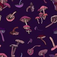 seamless pattern with magic mushrooms on purple background vector