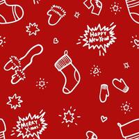 Christmas and New Year seamless pattern with mittens, socks, boots, stars and festive speech bubbles on red vector