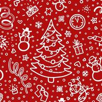 Seamless Christmas and New Year pattern with festive tree and holiday elements on a red background vector