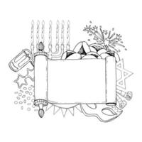 Line Purim Esther scroll frame template with copy space black and white illustration. Jewish holiday symbols, Torah megillah with mask, menorah, raashan and cookies for coloring and festive bag vector
