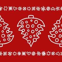 Christmas border pattern with a hand drawn tree and decorative snowflakes on red vector