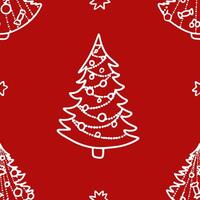 Seamless Christmas pattern with hand-drawn trees and decorations on a red background vector