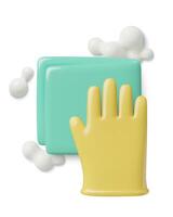 Cleanup or window washing 3d icon with a hand in a yellow glove and a napkin with soap vector