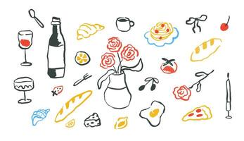 Hand drawn rough simple Italian cuisine food in doodle ink style. Set of abstract color food for menu. Wine glass, croissant on isolated background vector
