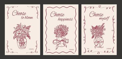 Vertical poster with abstract doodle flower with shot motivate phrase. Set of ink outline Flower Vase in vintage retro style. Hand drawn line art bouquet. vector