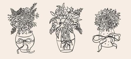 Set of Doodle outline Flower Vase in vintage retro style. Hand drawn line art bouquet. Sketch in ink. vector
