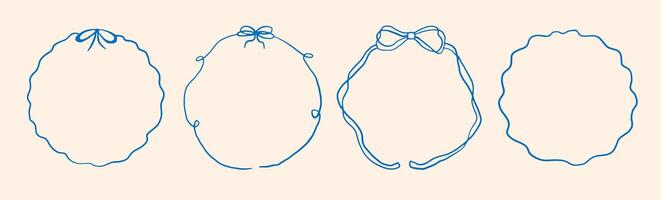 Circle whimsical wavy scallop frame with bow tie in doodle trendy style. Border with elegant outline loop for greeting cards. vector