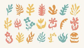 Set of groovy retro wavy floral elements. Botanical abstract flowers and plants in flat funky style. vector