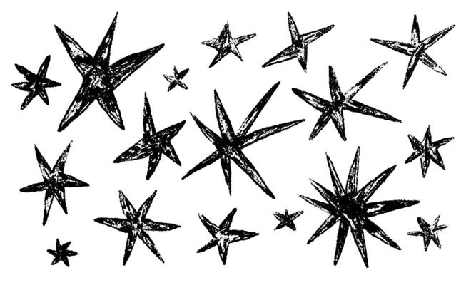 Set drawing stars. Spiked Grunge charcoal scrawl stars.