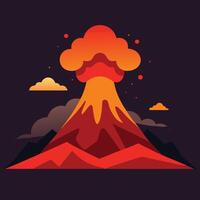 Illustrate a flat design of a volcanic mountain erupting with vibrant lava and ash clouds rising into the sky. vector