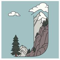 Design the letter 'J' as a sharp mountain peak with snowy textures, evergreen trees, and rugged rock formations for an alpine feel. vector
