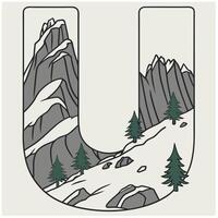 Design the letter 'U' as a sharp mountain peak with snowy textures, evergreen trees, and rugged rock formations for an alpine feel. vector