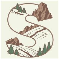 Design the letter 'S' as a sharp mountain peak with snowy textures, evergreen trees, and rugged rock formations for an alpine feel. vector
