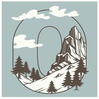 Design the letter 'O' as a sharp mountain peak with snowy textures, evergreen trees, and rugged rock formations for an alpine feel. vector