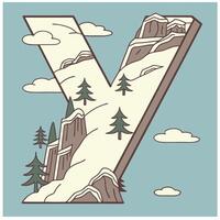 Design the letter 'Y' as a sharp mountain peak with snowy textures, evergreen trees, and rugged rock formations for an alpine feel. vector