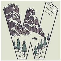 Design the letter 'W' as a sharp mountain peak with snowy textures, evergreen trees, and rugged rock formations for an alpine feel. vector