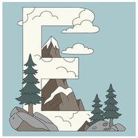 Design the letter 'E' as a sharp mountain peak with snowy textures, evergreen trees, and rugged rock formations for an alpine feel. vector