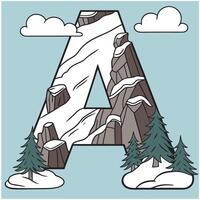 Design the letter 'A' as a sharp mountain peak with snowy textures, evergreen trees, and rugged rock formations for an alpine feel. vector