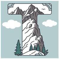 Design the letter 'T' as a sharp mountain peak with snowy textures, evergreen trees, and rugged rock formations for an alpine feel. vector