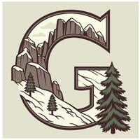 Design the letter 'G' as a sharp mountain peak with snowy textures, evergreen trees, and rugged rock formations for an alpine feel. vector