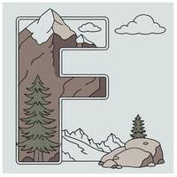 Design the letter 'F' as a sharp mountain peak with snowy textures, evergreen trees, and rugged rock formations for an alpine feel. vector